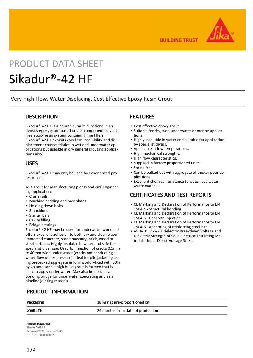 Sika Sikadur®-42 HF cut sheet — first page