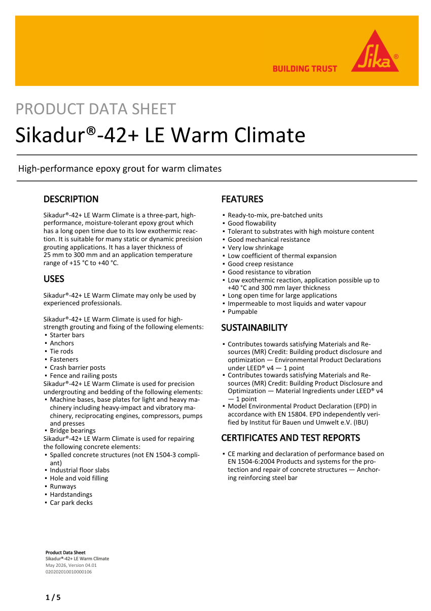 Sika Sikadur®-42+ LE Warm Climate cut sheet — first page