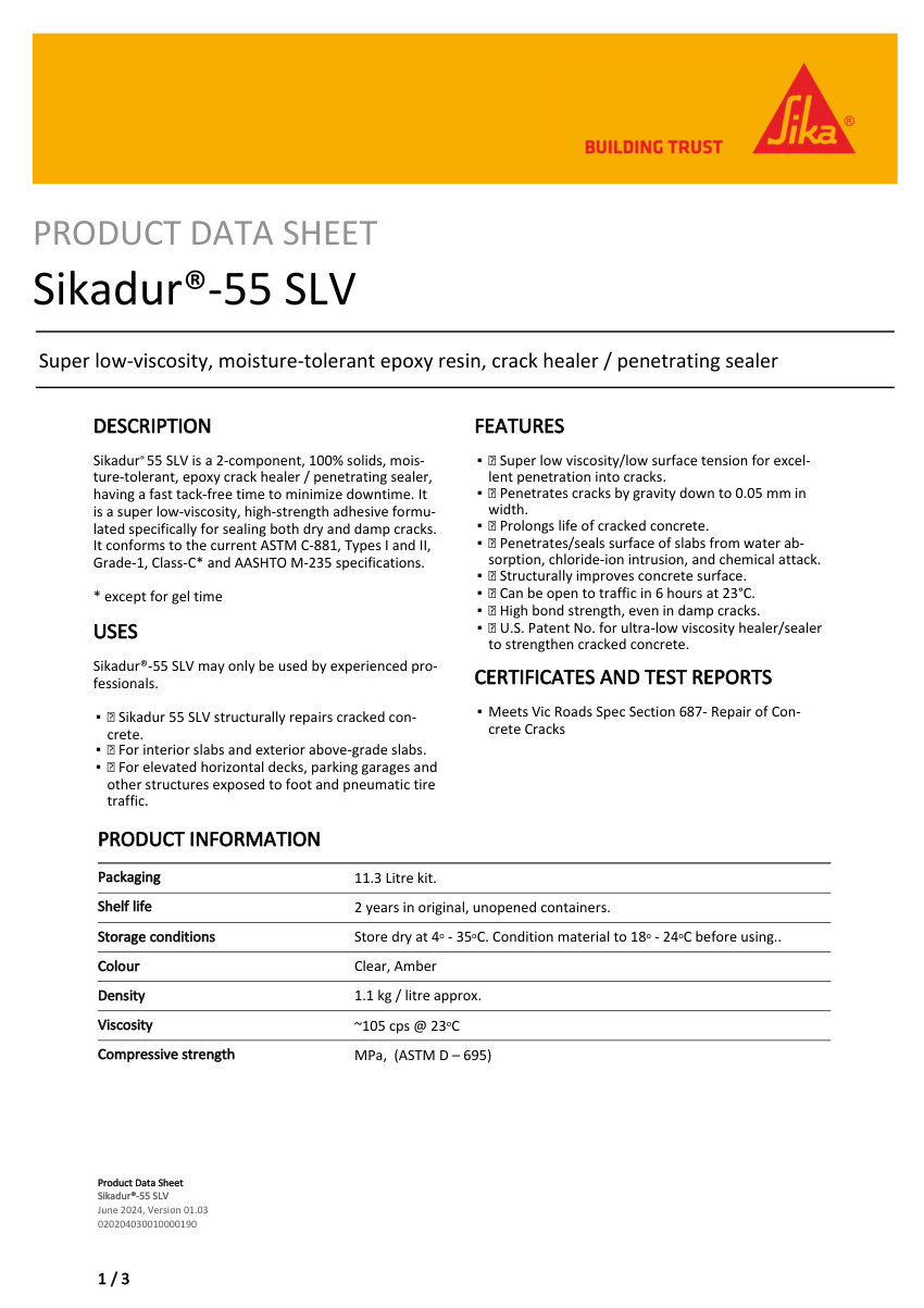 Sika Sikadur®-55 SLV cut sheet — first page