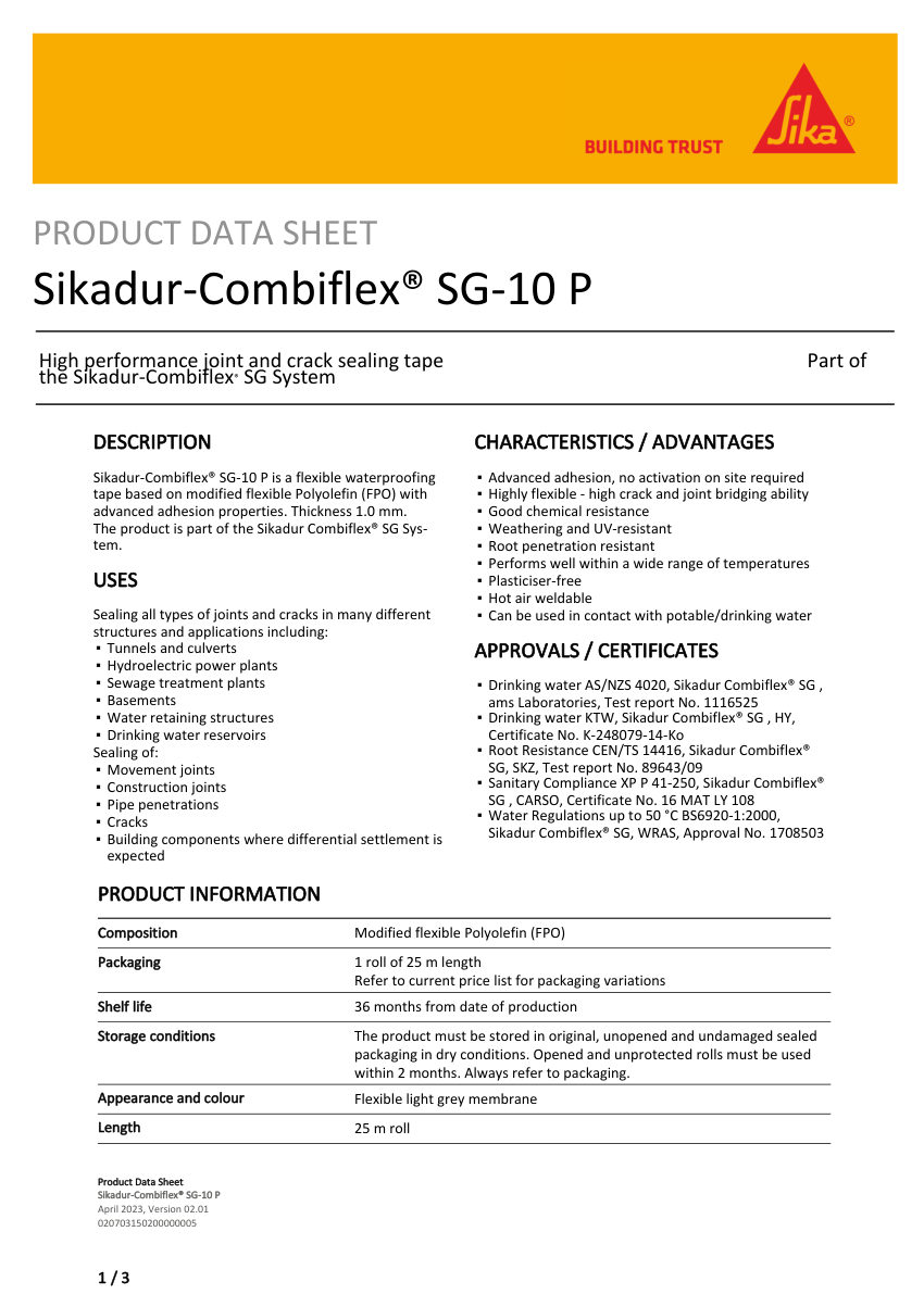 Sika Sikadur-Combiflex® SG-10 P cut sheet — first page
