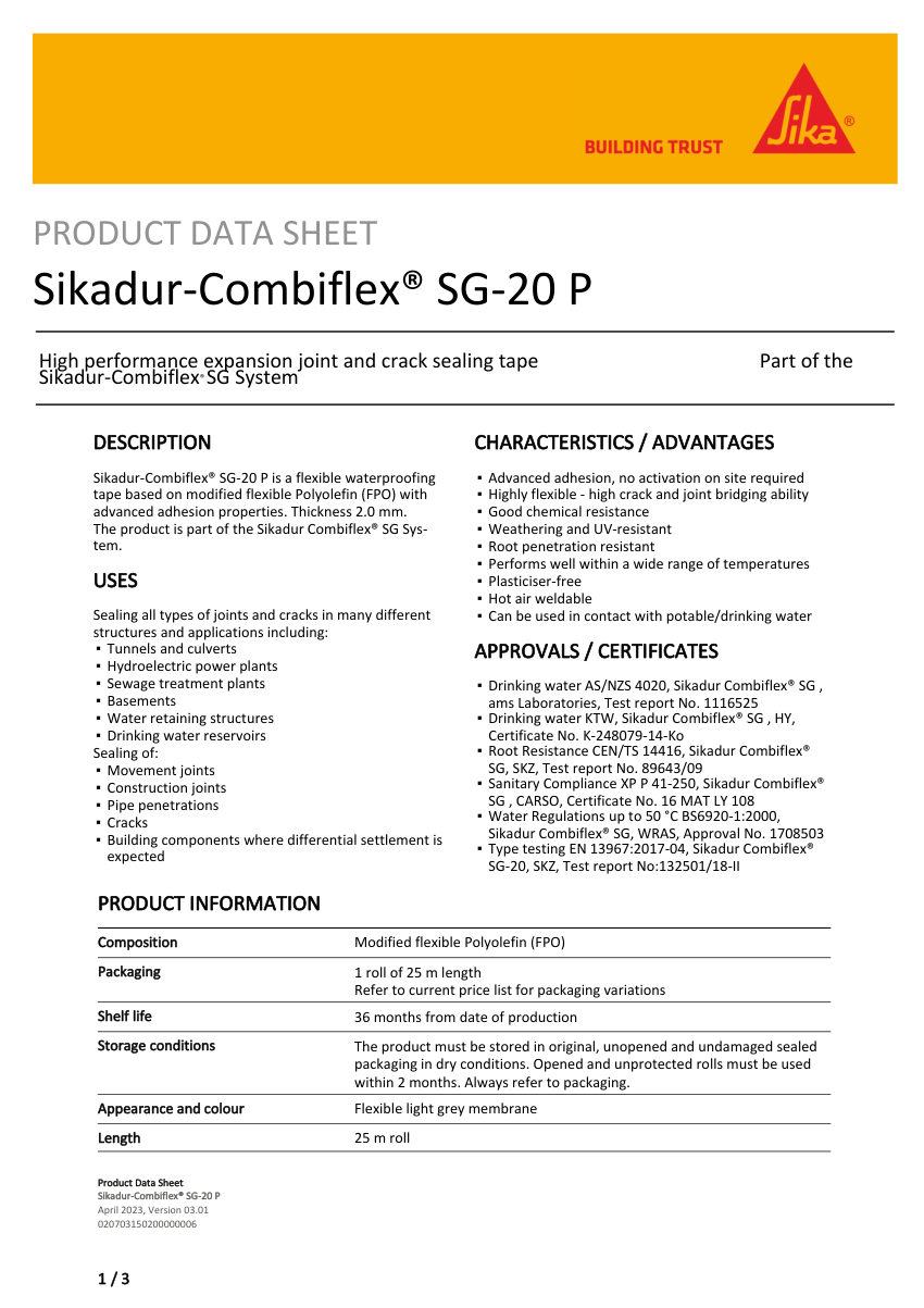 Sika Sikadur-Combiflex® SG-20 P cut sheet — first page