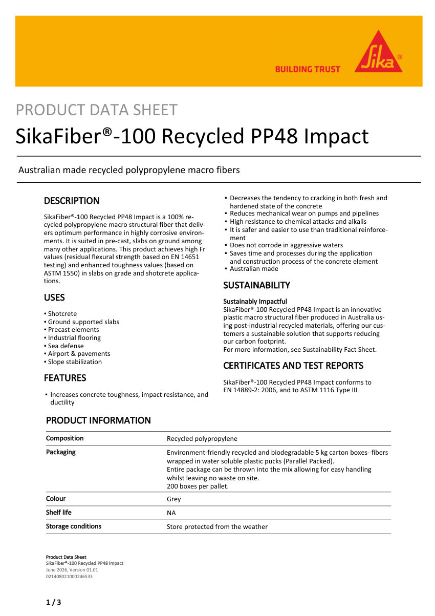 Sika SikaFiber®-100 Recycled PP48 Impact cut sheet — first page
