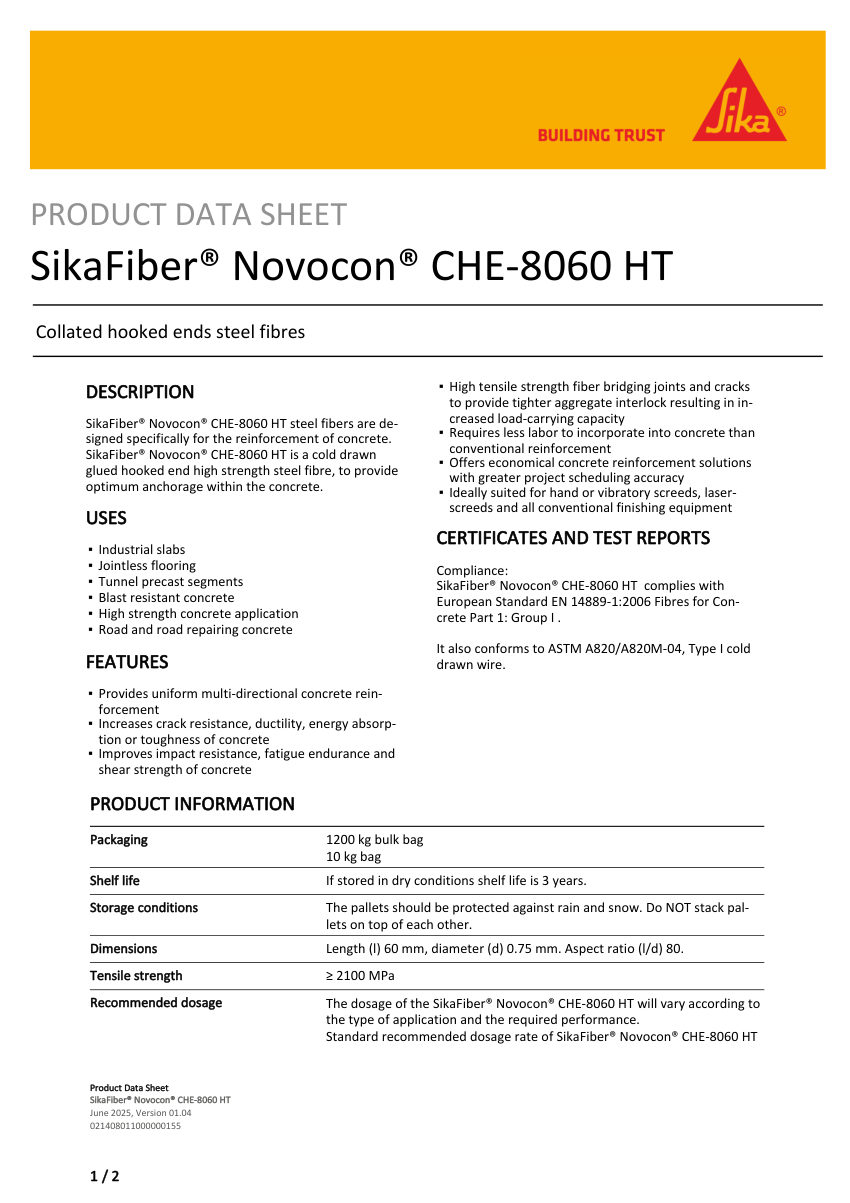 Sika SikaFiber® Novocon® CHE-8060 HT cut sheet — first page
