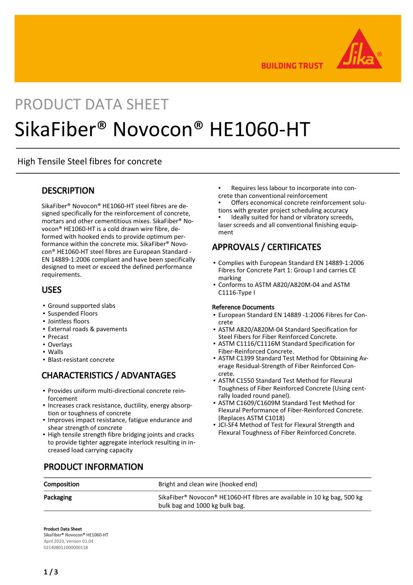 Sika SikaFiber® Novocon® HE1060-HT cut sheet — first page