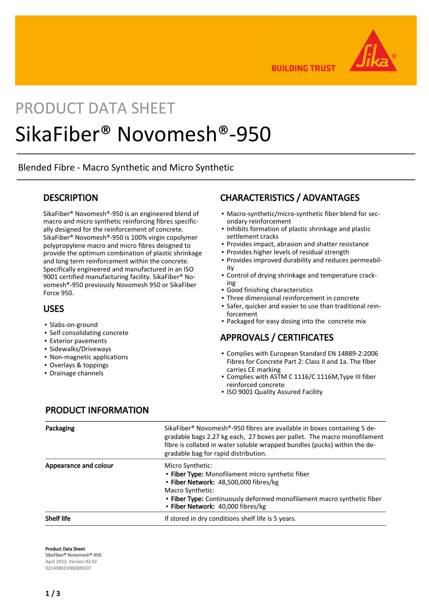 Sika SikaFiber® Novomesh®-950 cut sheet — first page