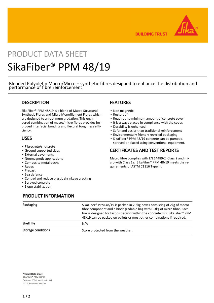 Sika SikaFiber® PPM 48/19 cut sheet — first page