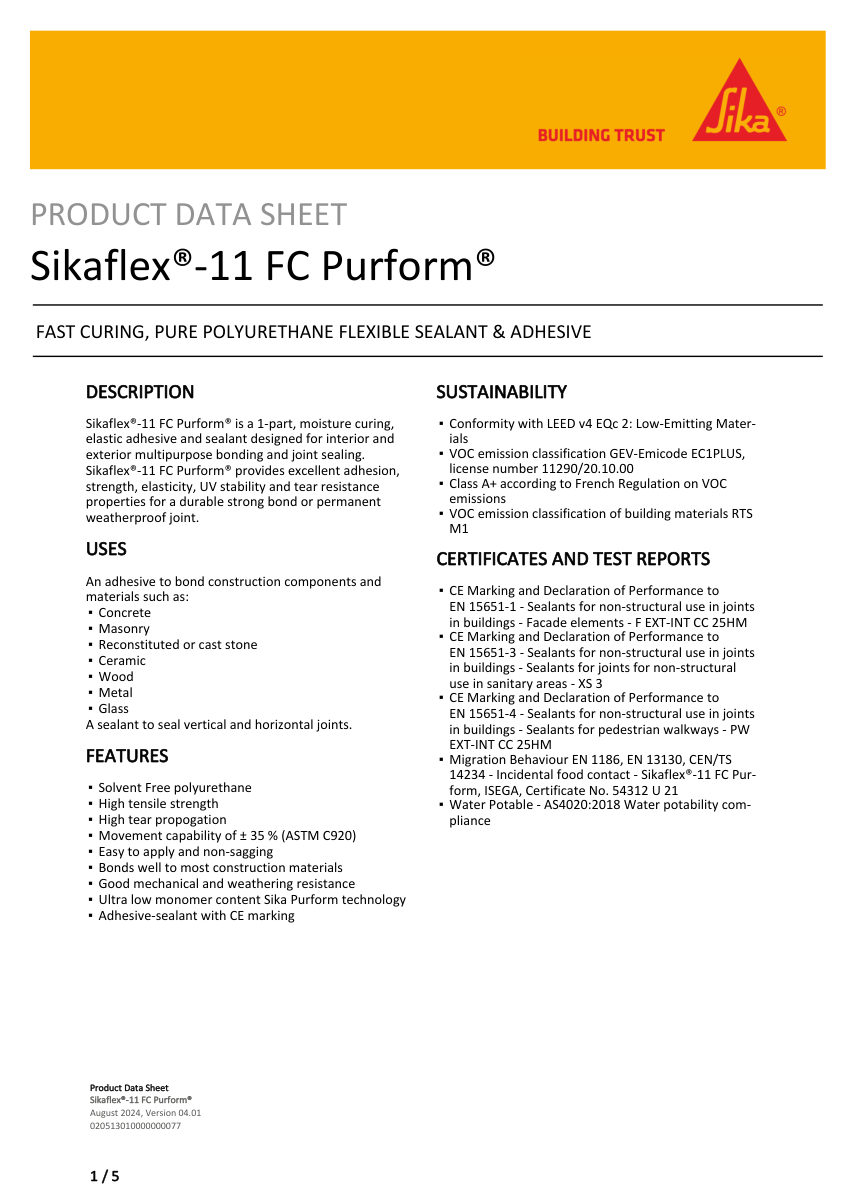 Sika Sikaflex®-11 FC Purform® cut sheet — first page