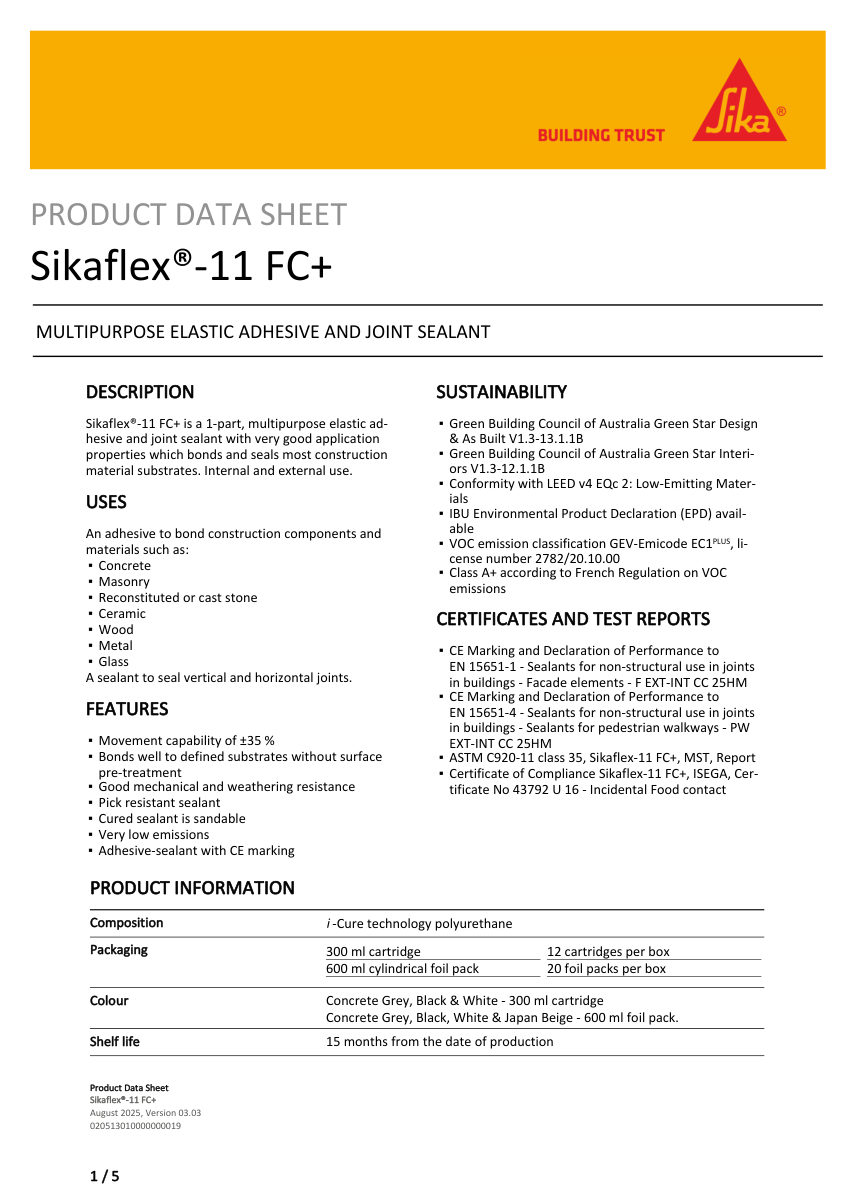 Sika Sikaflex®-11 FC+ cut sheet — first page