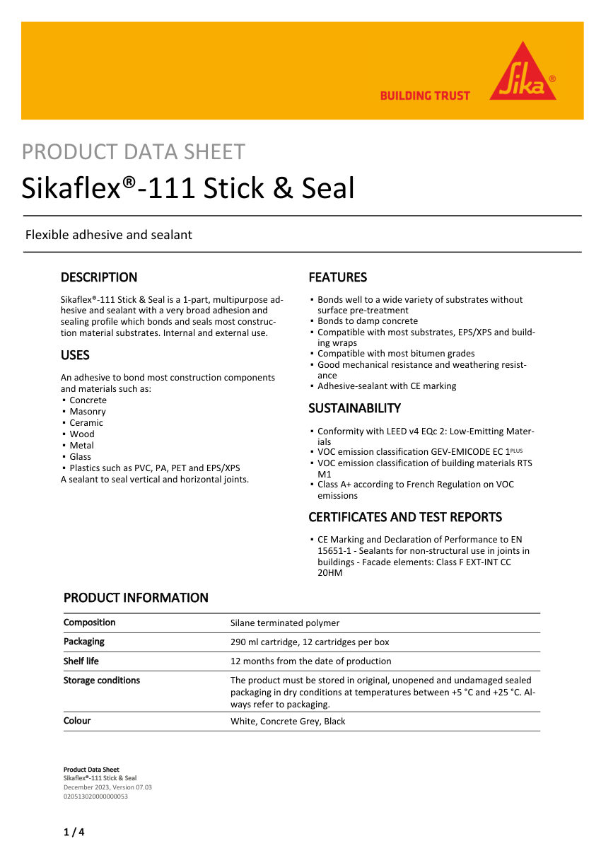 Sika Sikaflex®-111 Stick & Seal cut sheet — first page