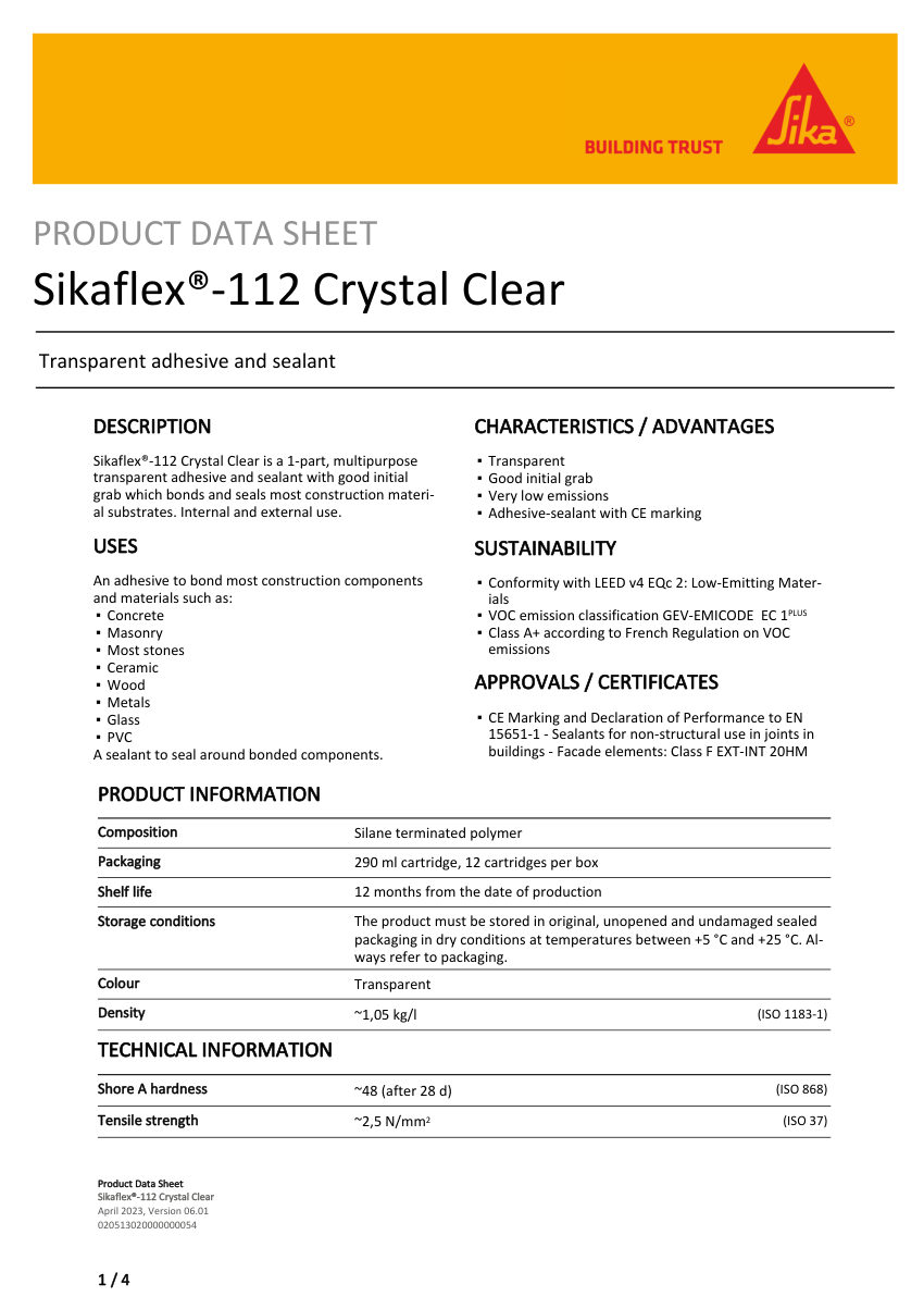 Sika Sikaflex®-112 Crystal Clear cut sheet — first page