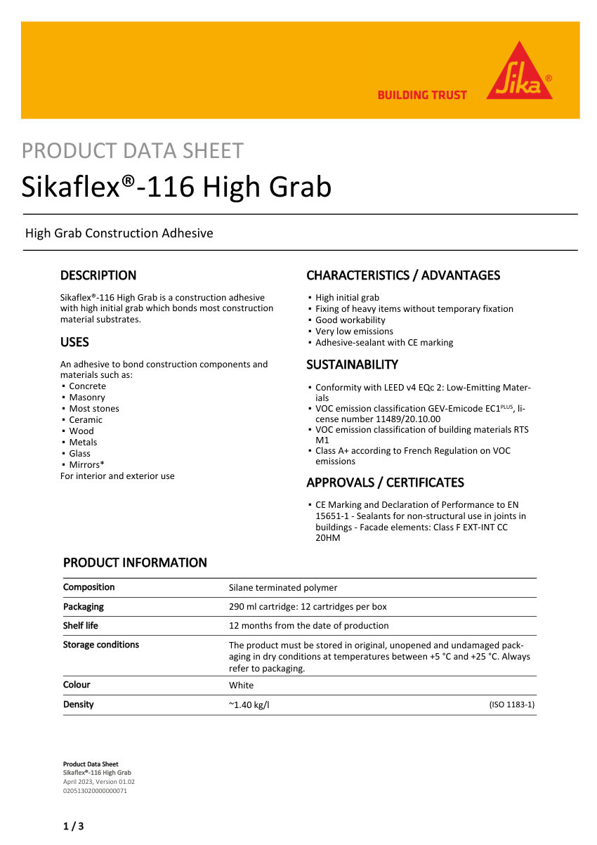 Sika Sikaflex®-116 High Grab cut sheet — first page