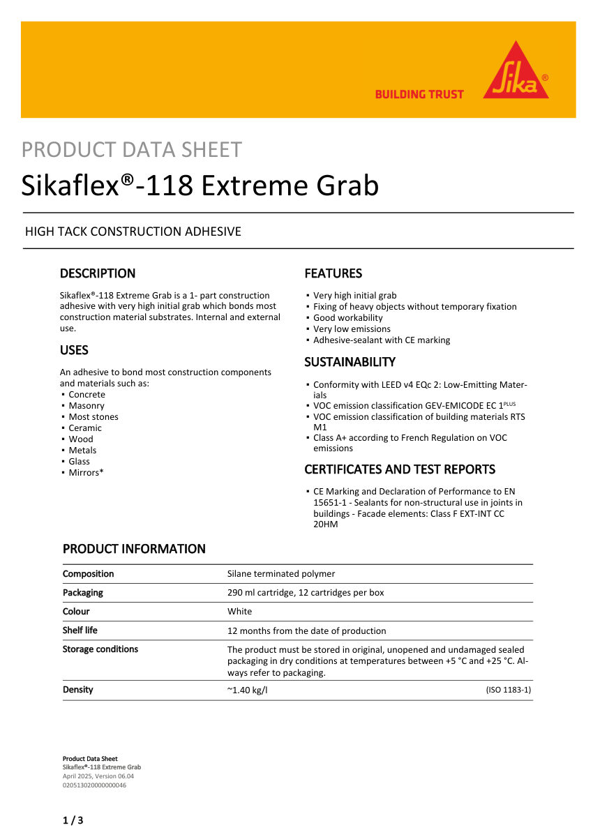 Sika Sikaflex®-118 Extreme Grab cut sheet — first page