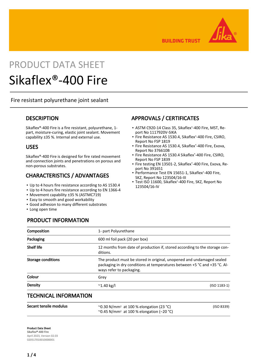 Sika Sikaflex®-400 Fire cut sheet — first page