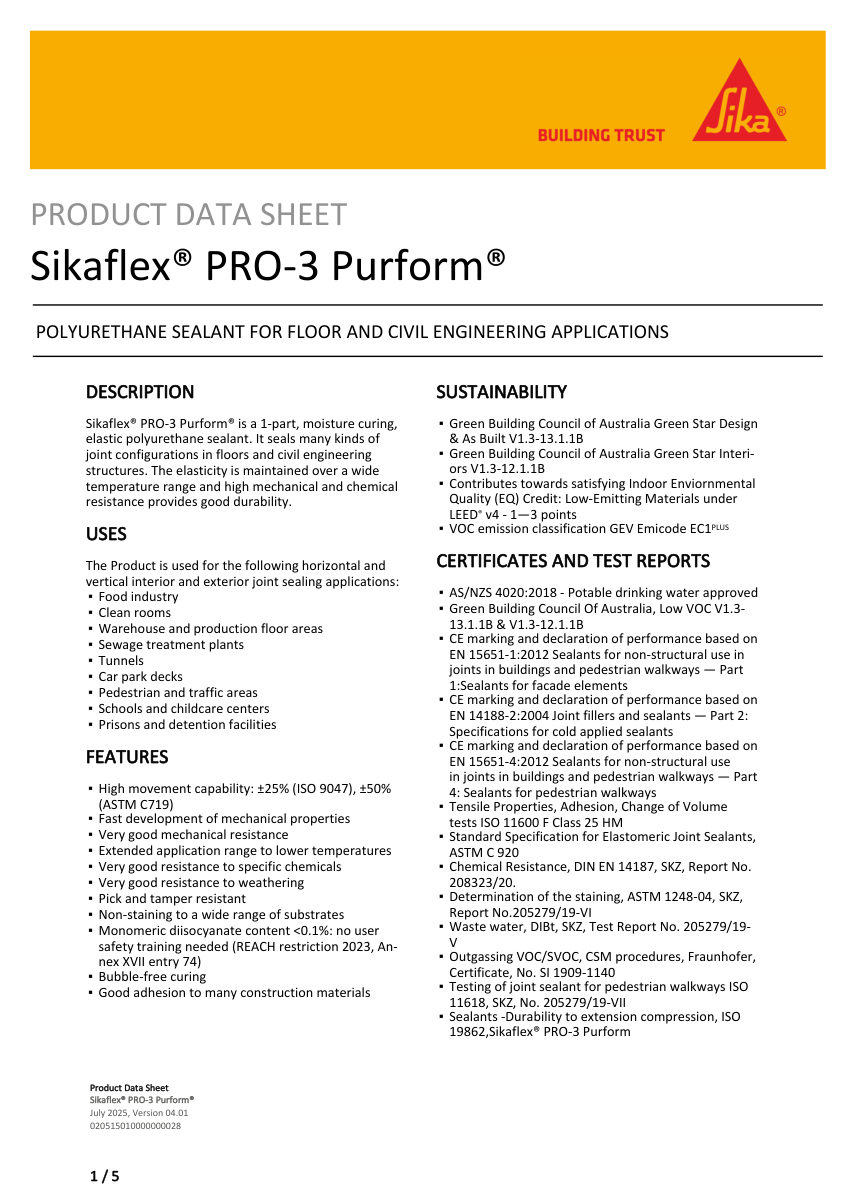 Sika Sikaflex® PRO-3 Purform® cut sheet — first page
