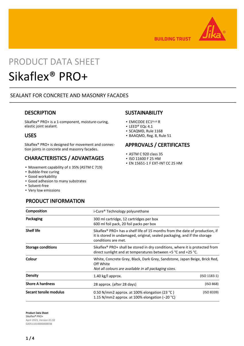 Sika Sikaflex® PRO+ cut sheet — first page