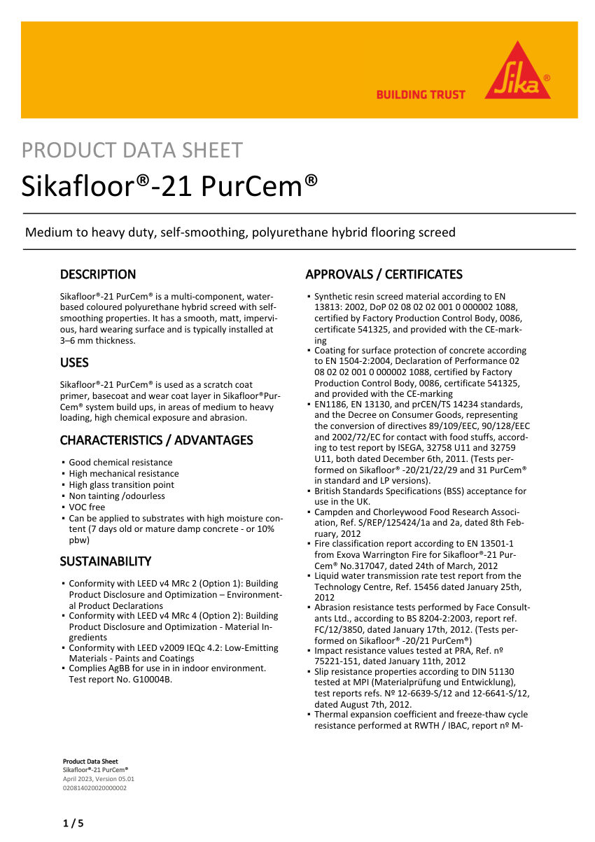 Sika Sikafloor®-21 PurCem® cut sheet — first page
