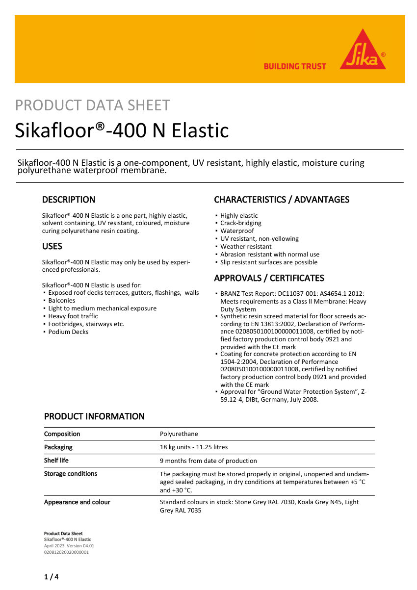 Sika Sikafloor®-400 N Elastic cut sheet — first page