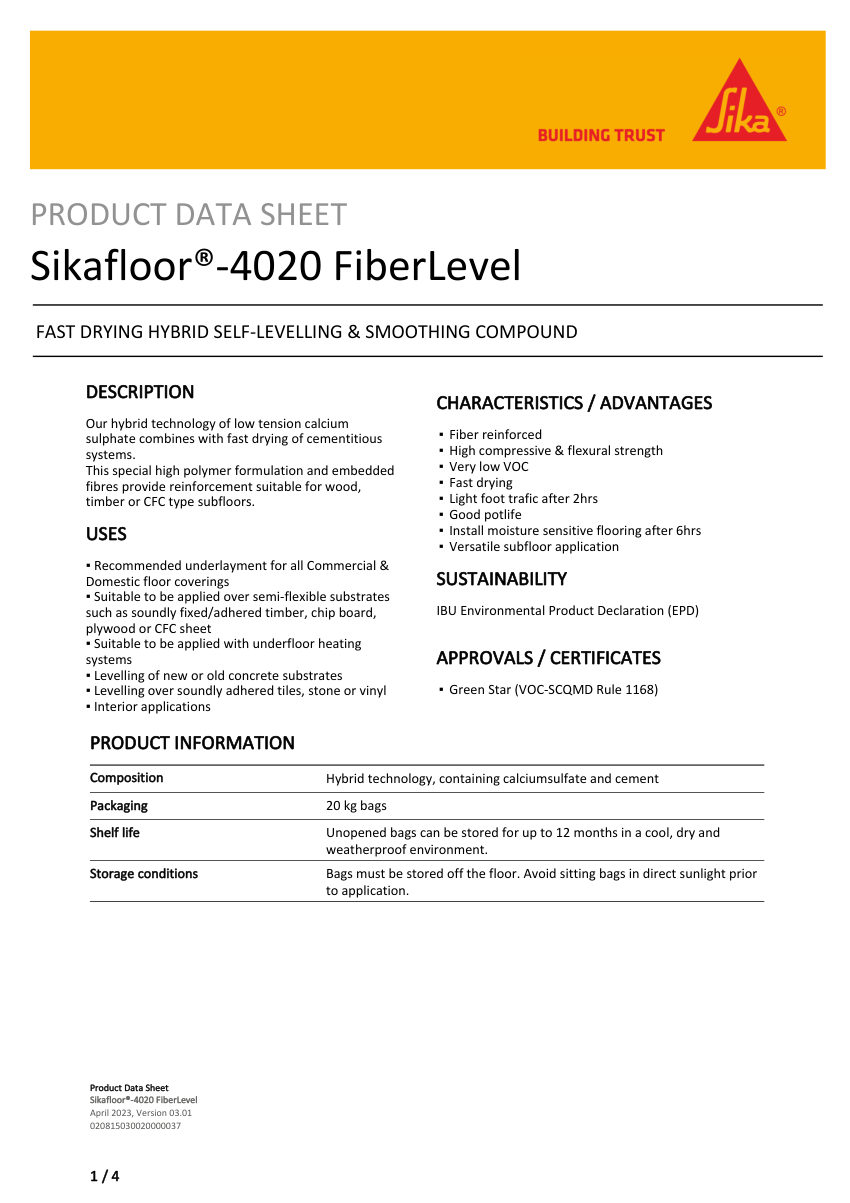 Sika Sikafloor®-4020 FiberLevel cut sheet — first page