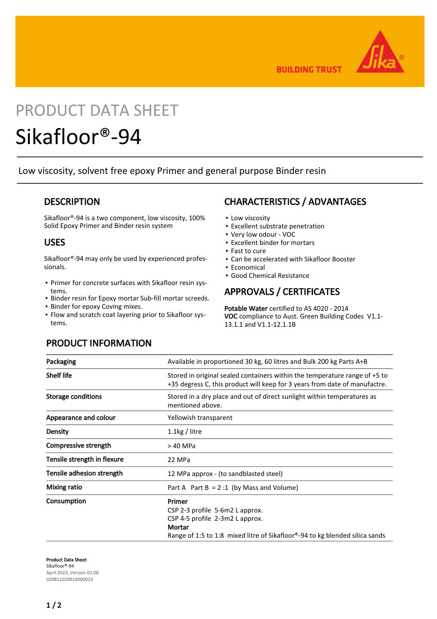 Sika Sikafloor®-94 cut sheet — first page