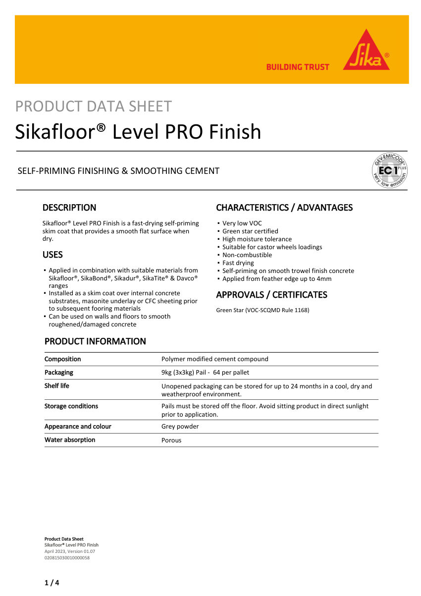 Sika Sikafloor® Level PRO Finish cut sheet — first page