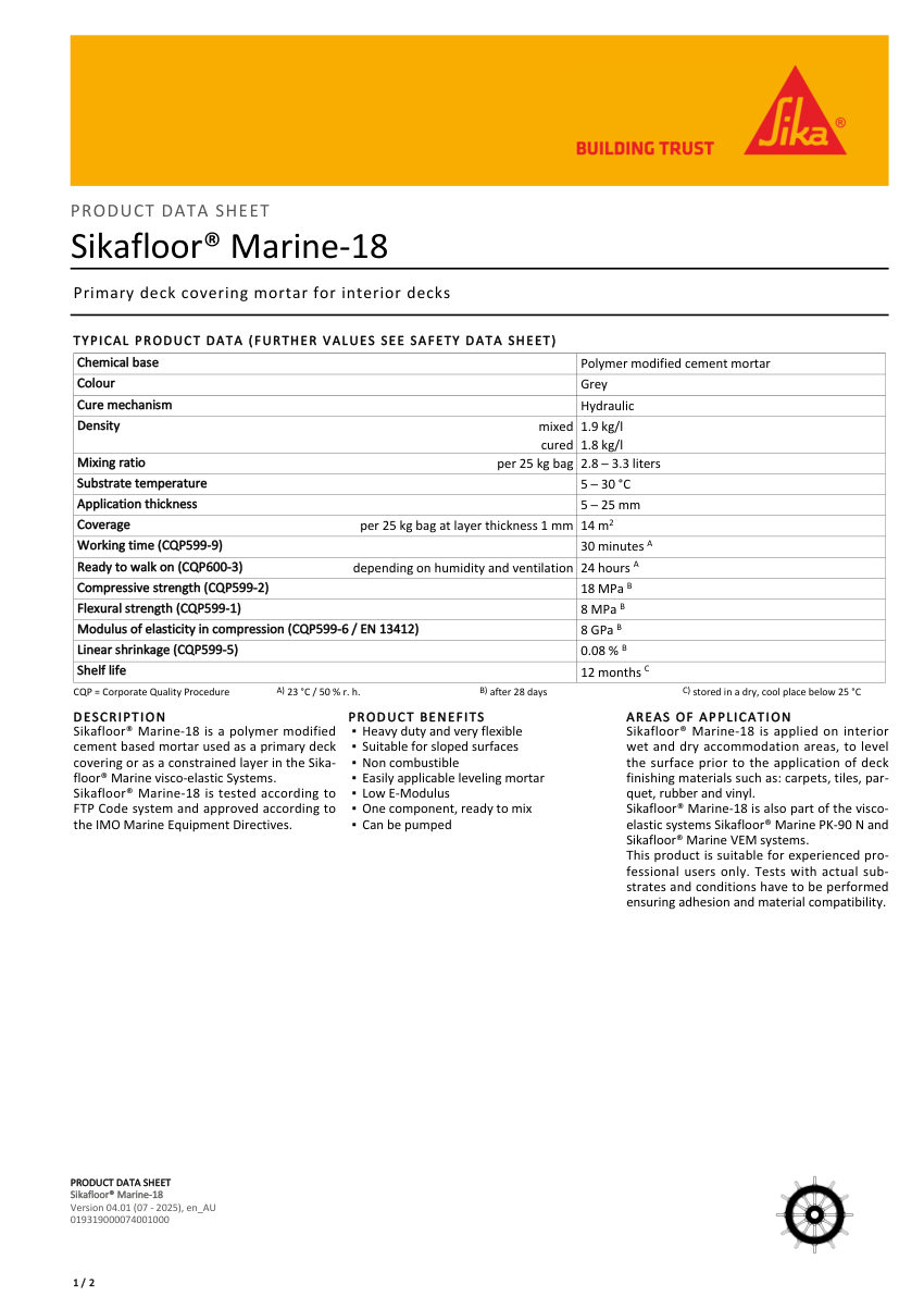 Sika Sikafloor® Marine-18 cut sheet — first page