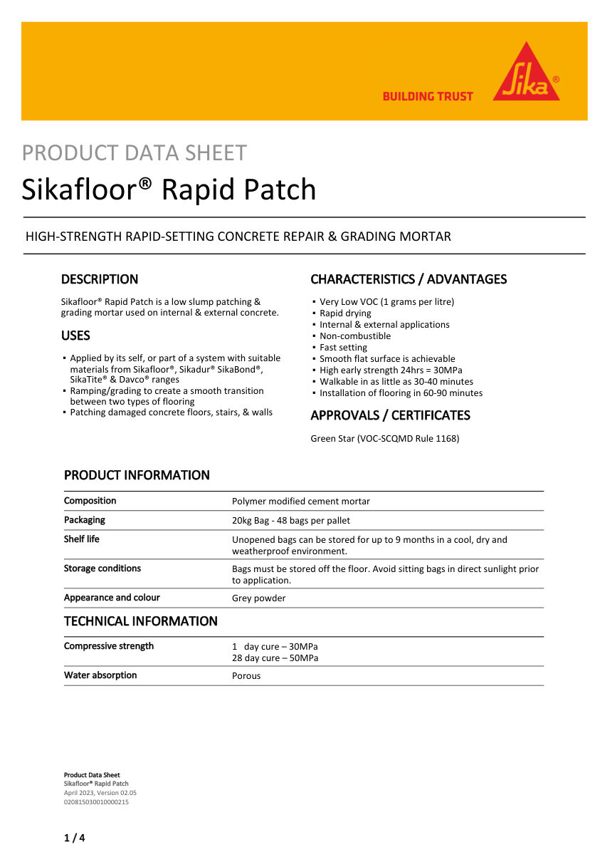 Sika Sikafloor® Rapid Patch cut sheet — first page