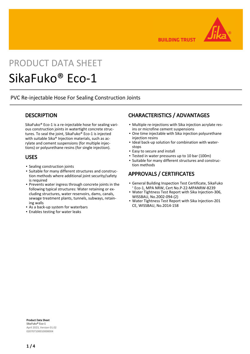 Sika SikaFuko® Eco-1 cut sheet — first page