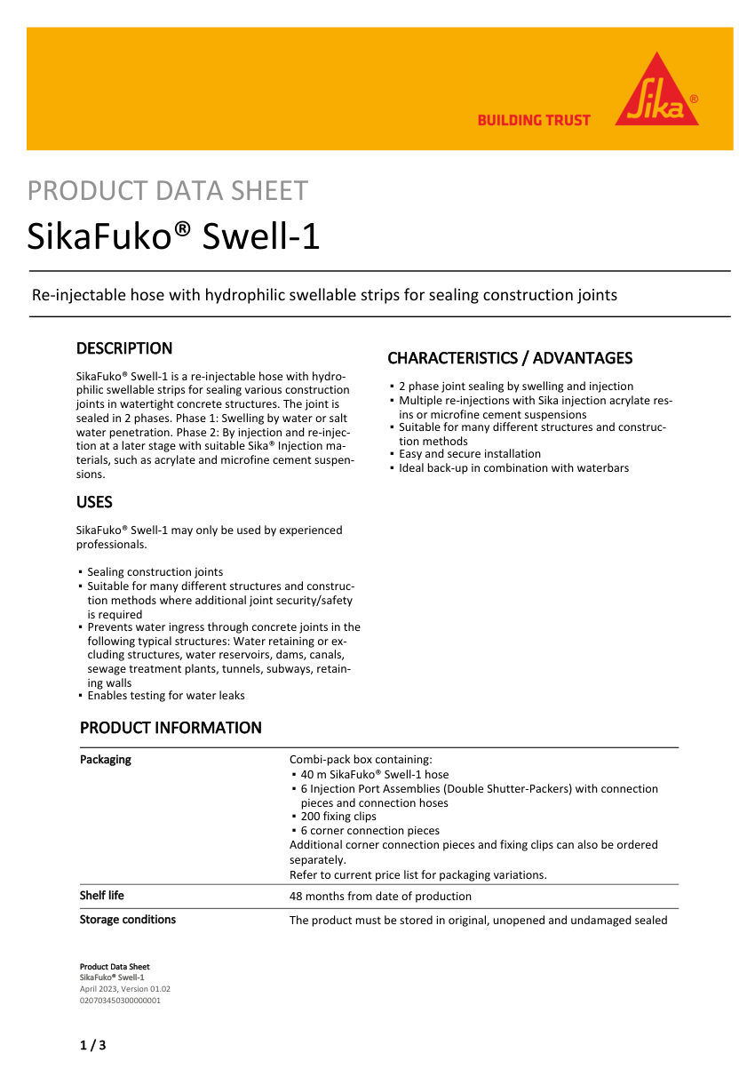 Sika SikaFuko® Swell-1 cut sheet — first page