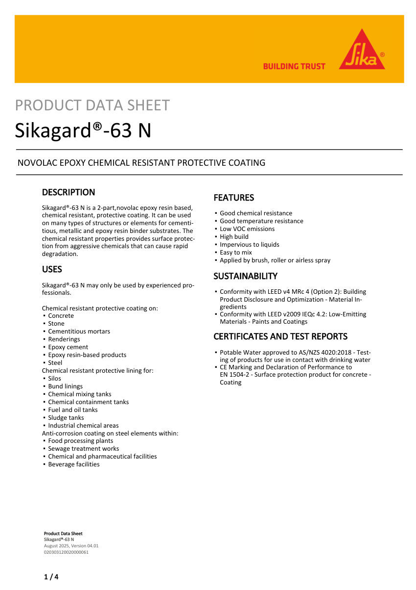 Sika Sikagard®-63 N cut sheet — first page