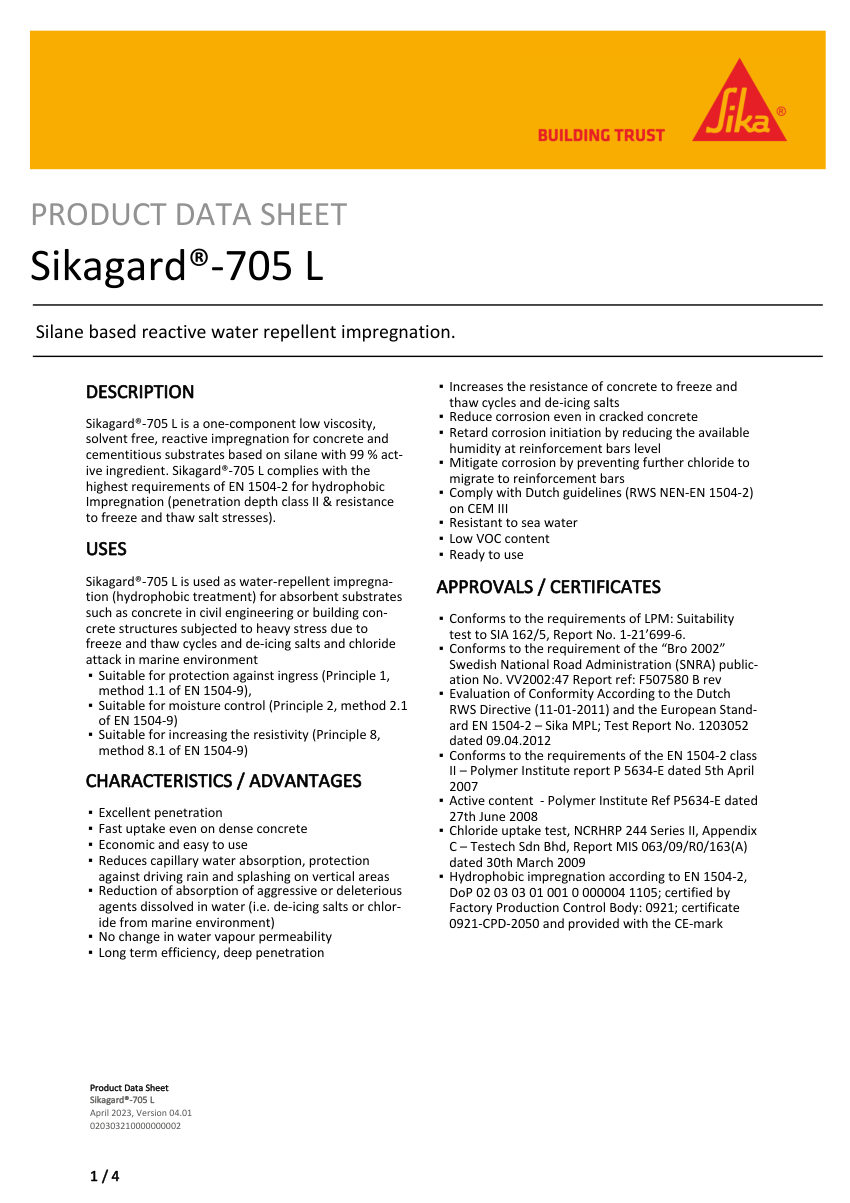 Sika Sikagard®-705 L cut sheet — first page