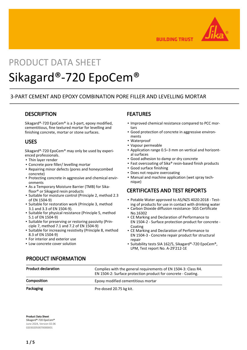 Sika Sikagard®-720 EpoCem® cut sheet — first page