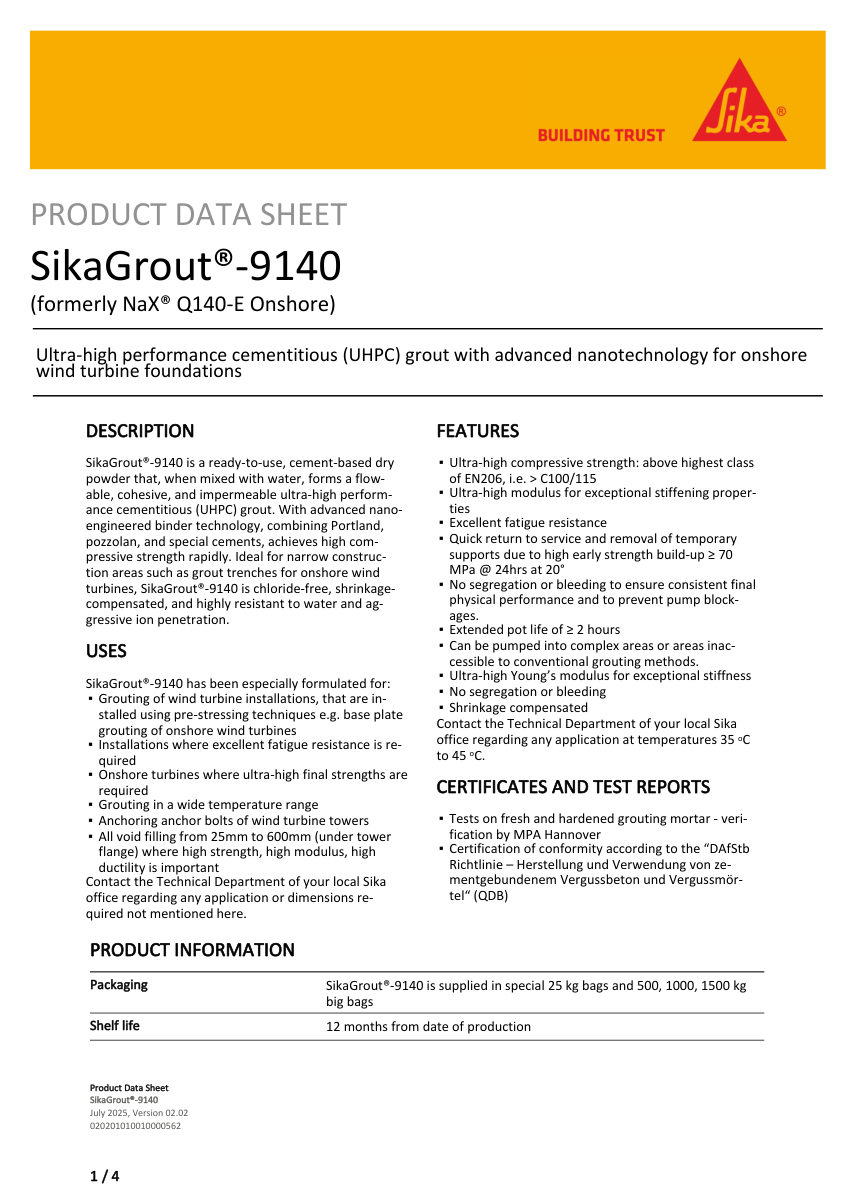 Sika SikaGrout®-9140 cut sheet — first page
