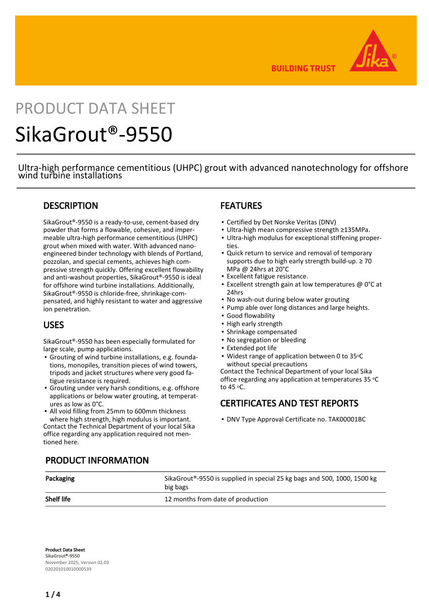 Sika SikaGrout®-9550 cut sheet — first page