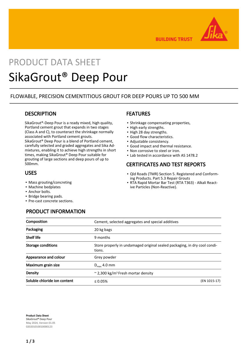 Sika SikaGrout® Deep Pour cut sheet — first page