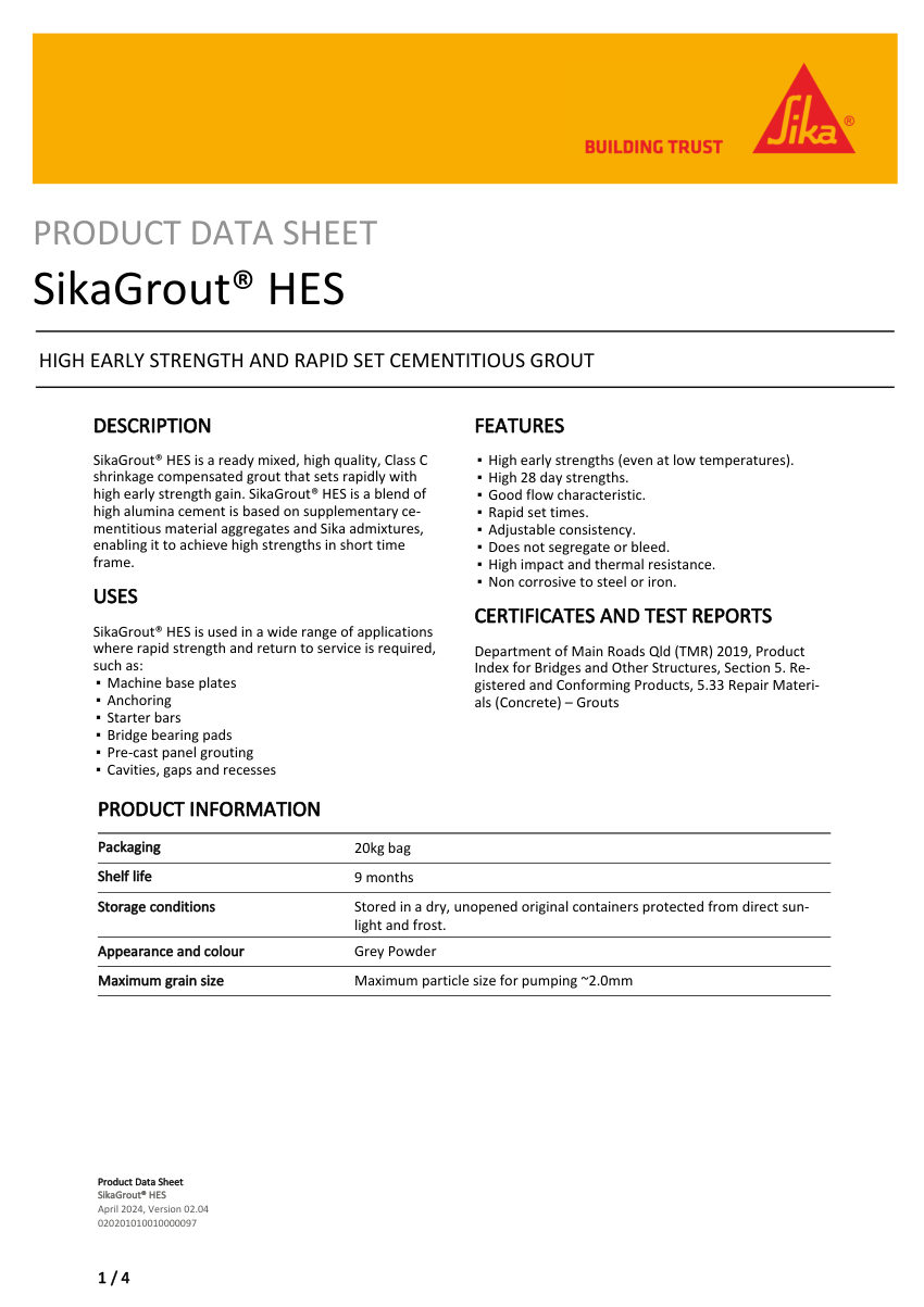 Sika SikaGrout® HES cut sheet — first page