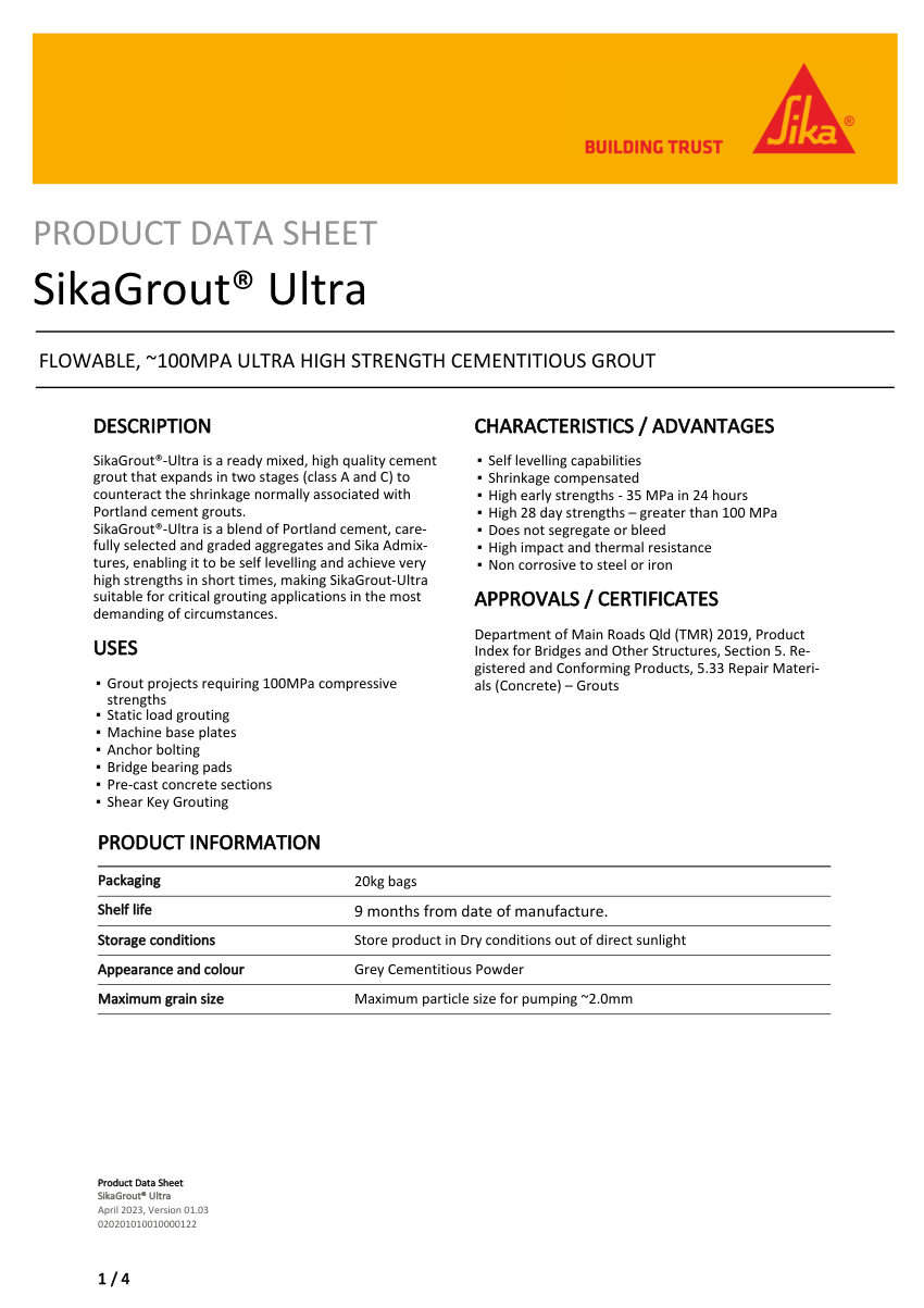 Sika SikaGrout® Ultra cut sheet — first page