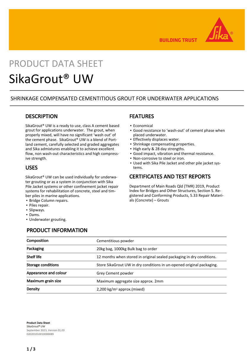 Sika SikaGrout® UW cut sheet — first page
