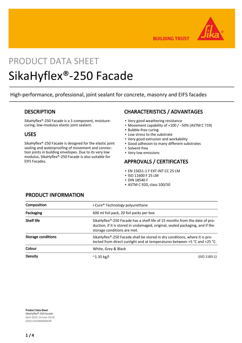Sika SikaHyflex®-250 Facade cut sheet — first page