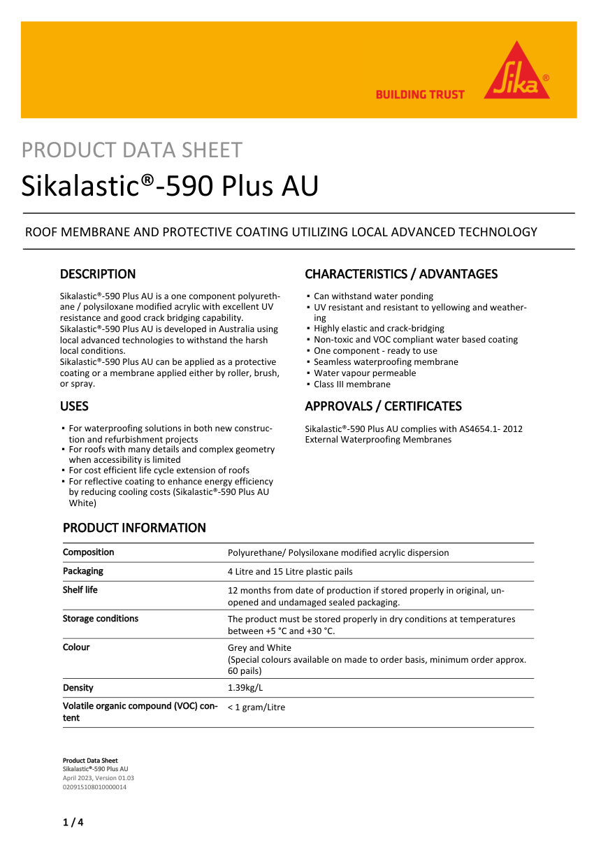 Sika Sikalastic®-590 Plus AU cut sheet — first page