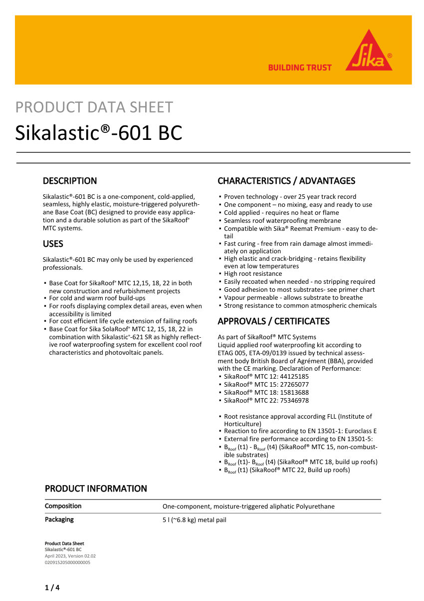Sika Sikalastic®-601 BC cut sheet — first page