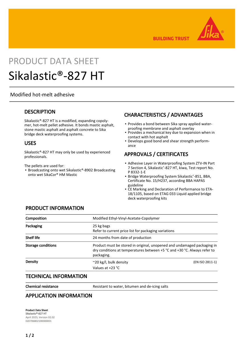 Sika Sikalastic®-827 HT cut sheet — first page