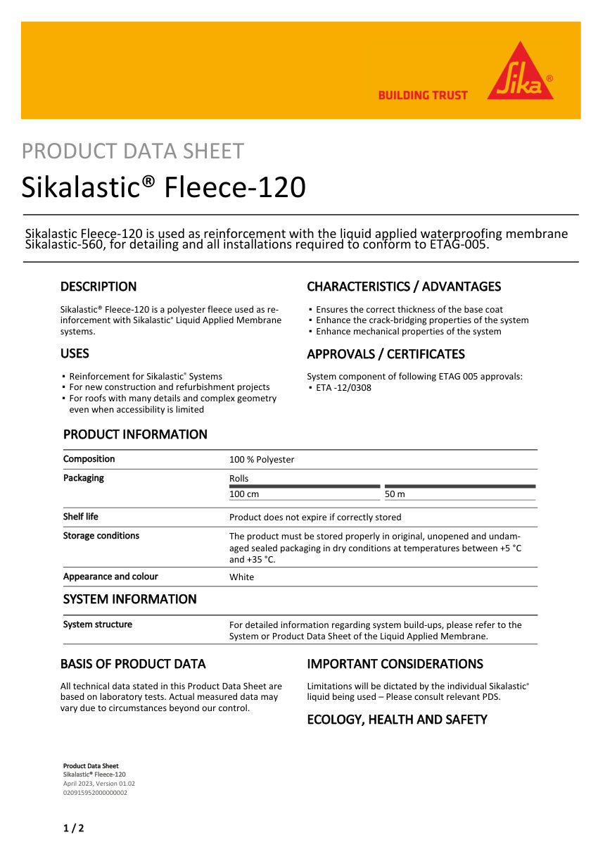 Sika Sikalastic® Fleece-120 cut sheet — first page