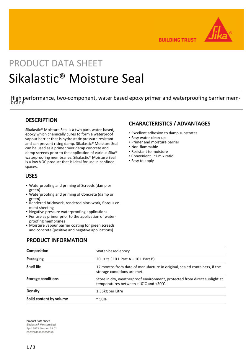 Sika Sikalastic® Moisture Seal cut sheet — first page
