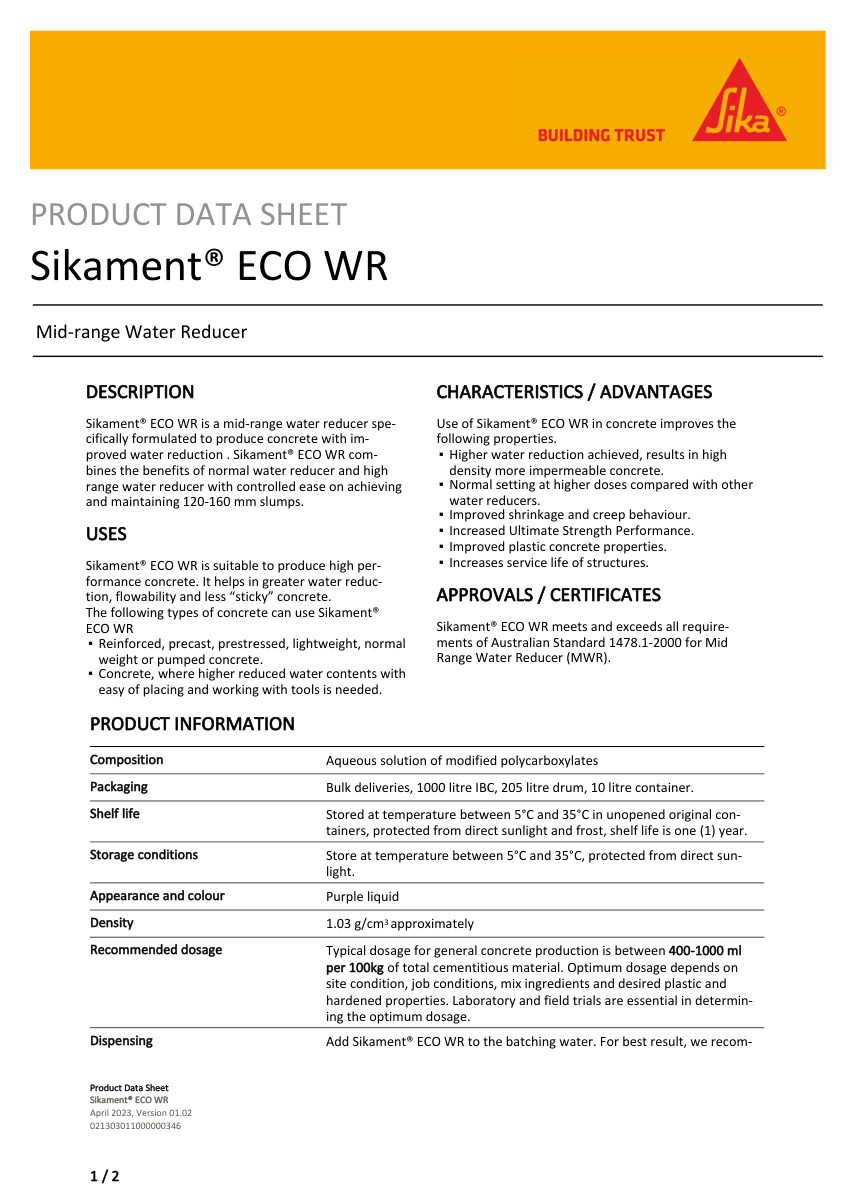 Sika Sikament® ECO WR cut sheet — first page