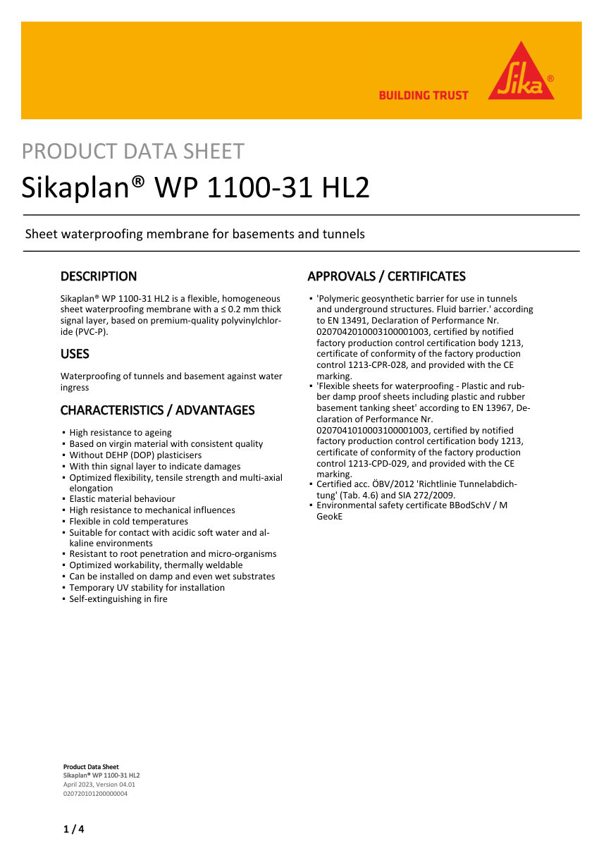 Sika Sikaplan® WP 1100-31 HL2 cut sheet — first page