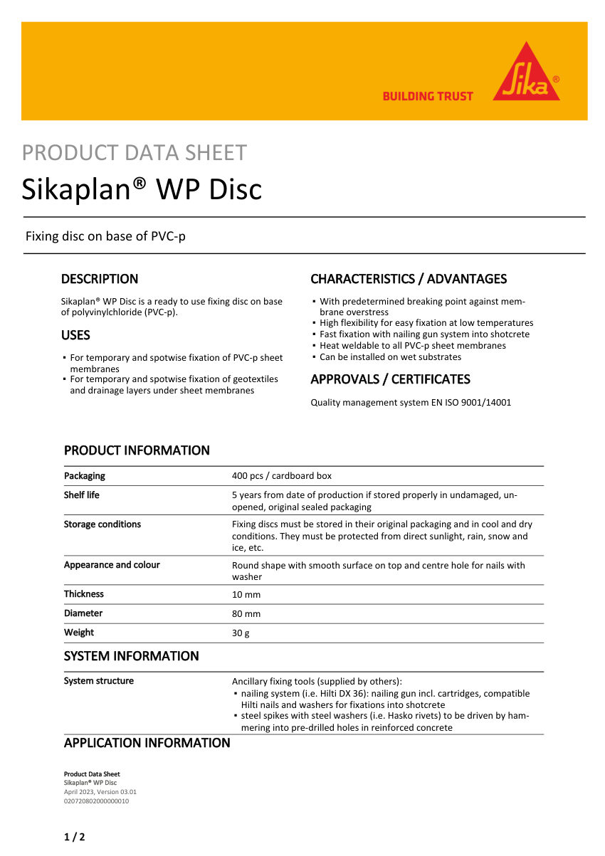 Sika Sikaplan® WP Disc cut sheet — first page