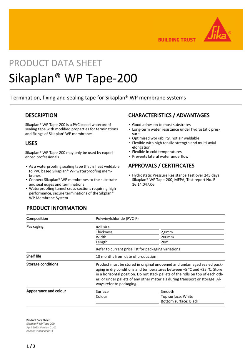 Sika Sikaplan® WP Tape-200 cut sheet — first page