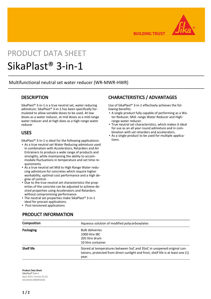 Sika SikaPlast® 3-in-1 cut sheet — first page