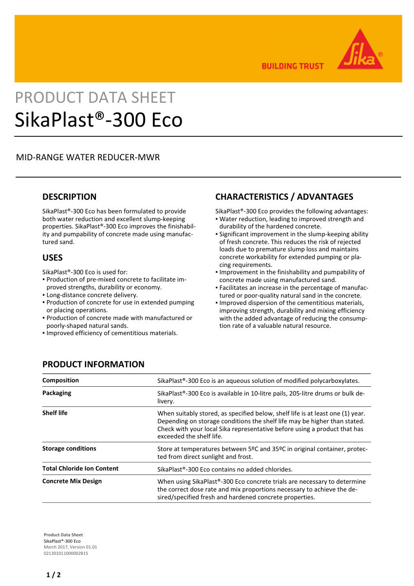 Sika SikaPlast®-300 Eco cut sheet — first page
