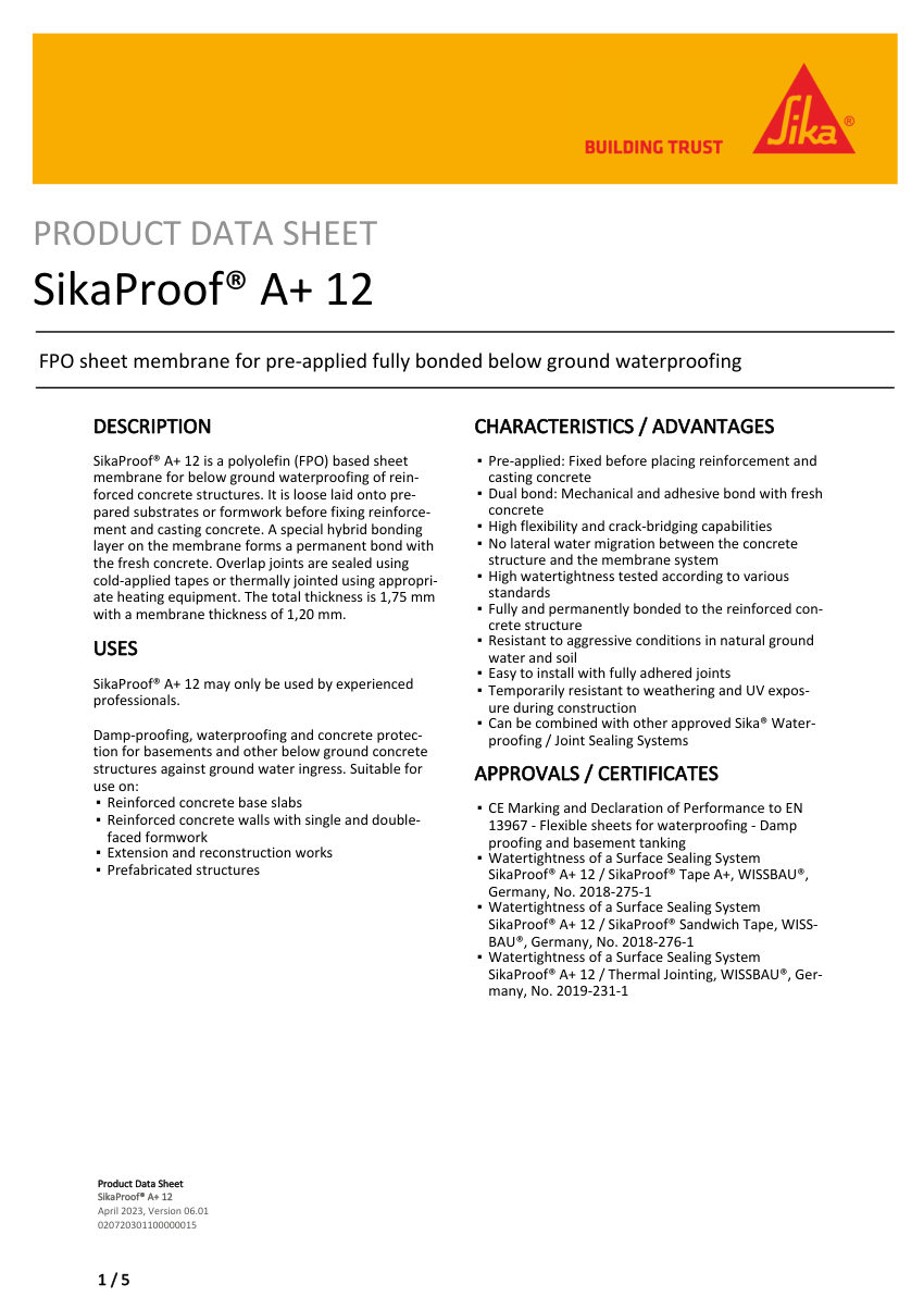 Sika SikaProof® A+ 12 cut sheet — first page